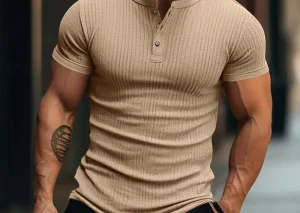Mens Stylish Stripe Knit T-shirt -Fashionable Henley Neck, Short Sleeves, Soft & Breathable - Perfect Comfy Tops for Leisurewear
