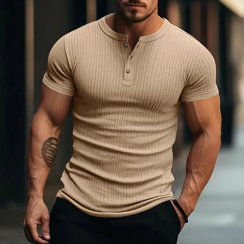 Mens Stylish Stripe Knit T-shirt -Fashionable Henley Neck, Short Sleeves, Soft & Breathable - Perfect Comfy Tops for Leisurewear
