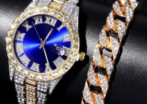 2PCs Fashion Luxury Full Diamond Steel Band Calendar Roman Scale Men's Steel Band Quartz Watch with Diamond Chain Bracelet Set