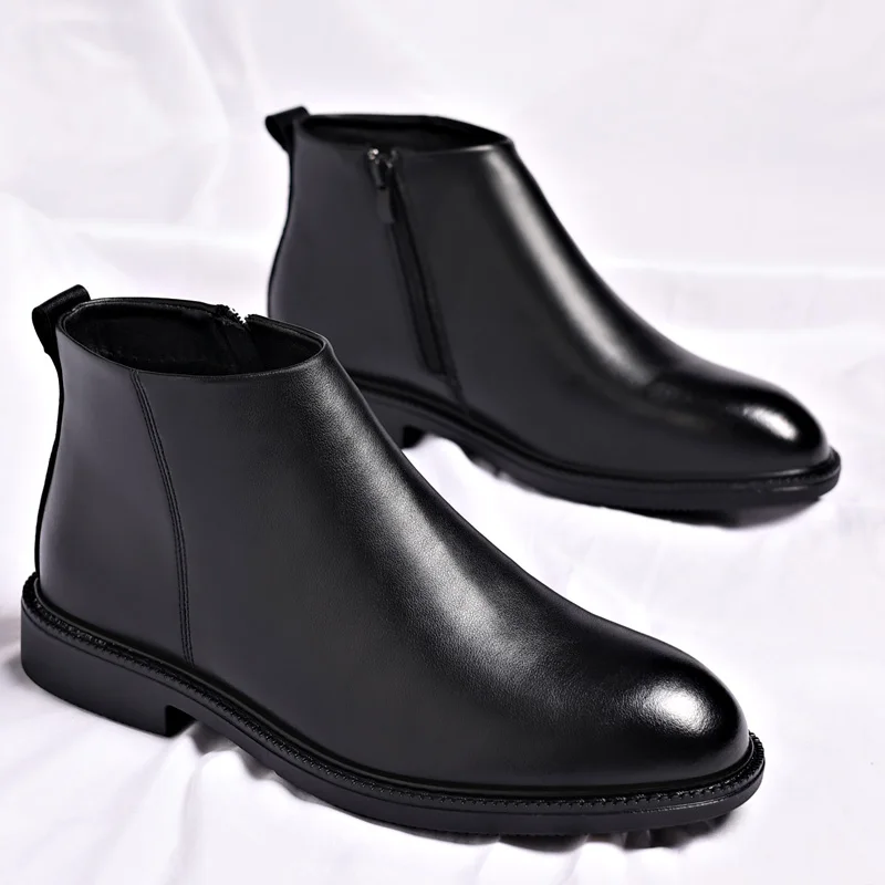 Hot-selling Winter Men's Ankle Boots Non Slip PU Leather High Top Shoes British Zip Black Boots Pointed Punk Male Booties Botas - Image 4