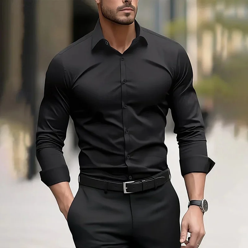 Solid color men's shirt casual white shirt, high quality solid color long sleeve stretch fabric, business formal shirt, XS-6XL - Image 3