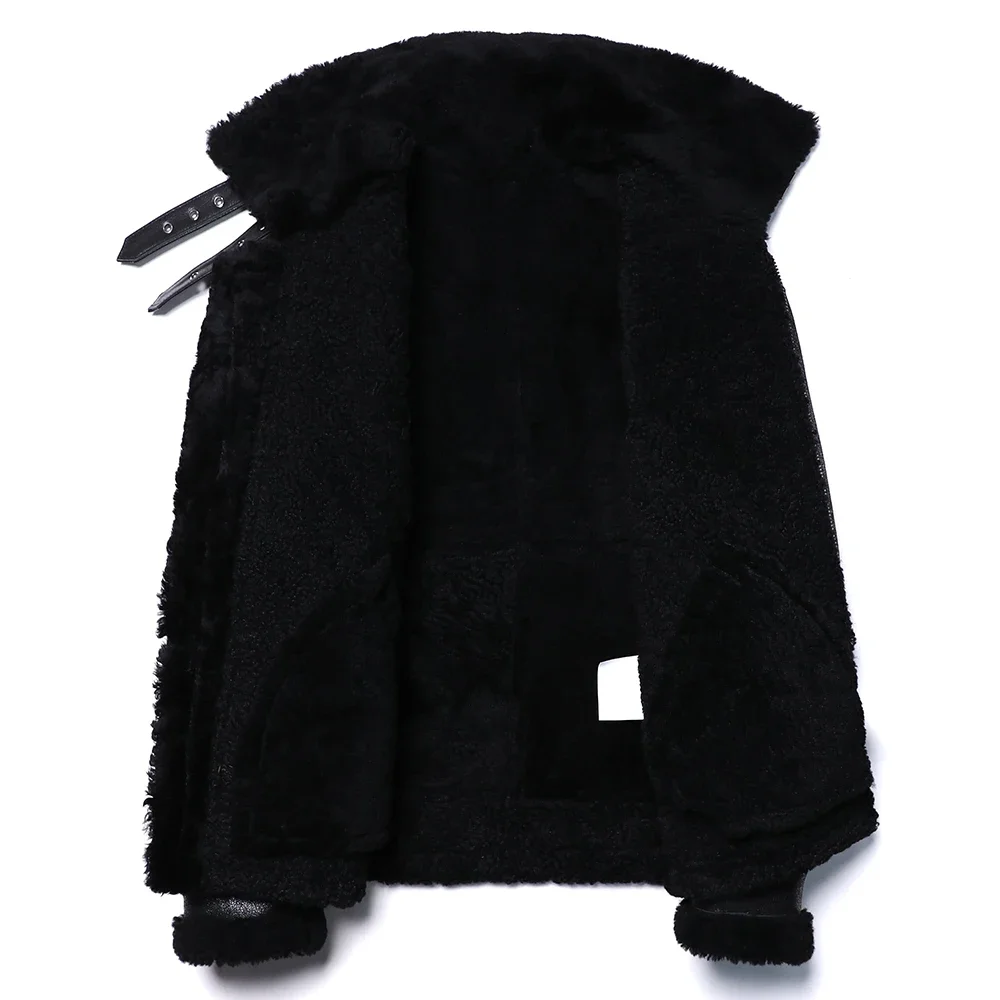 B3 Style Black Thick Sheep Shearling Wool Leather Jacket Original Ecological Fur Genuine Sheepskin Male Warm Coats Flight Jacket - Image 5
