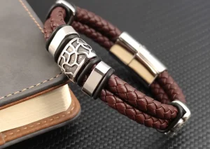 Brown Luxury 316L Stainless Steel Irregularly Cracked Man Bracelet Genuine Braided Leather Men's Jewelry Free Shipping Items