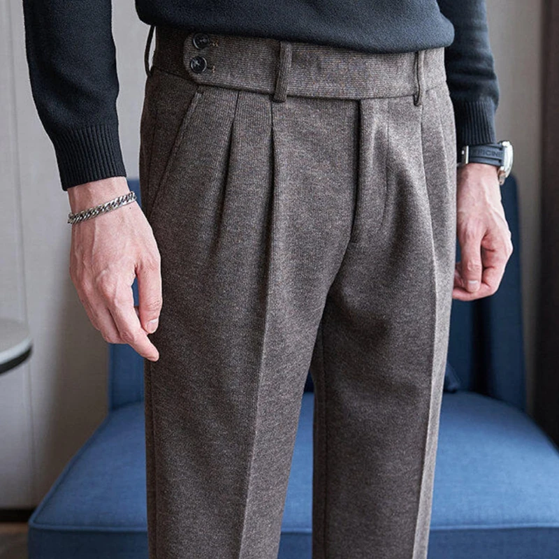 Men's Fall/Winter Wool Fabric Casual Suit Pants, Black, Coffee Available, Size 28-36