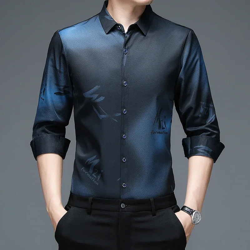 New Men's Casual and Fashionable Long Sleeved Shirt with Printed Anti Wrinkle Business Shirt - Image 3