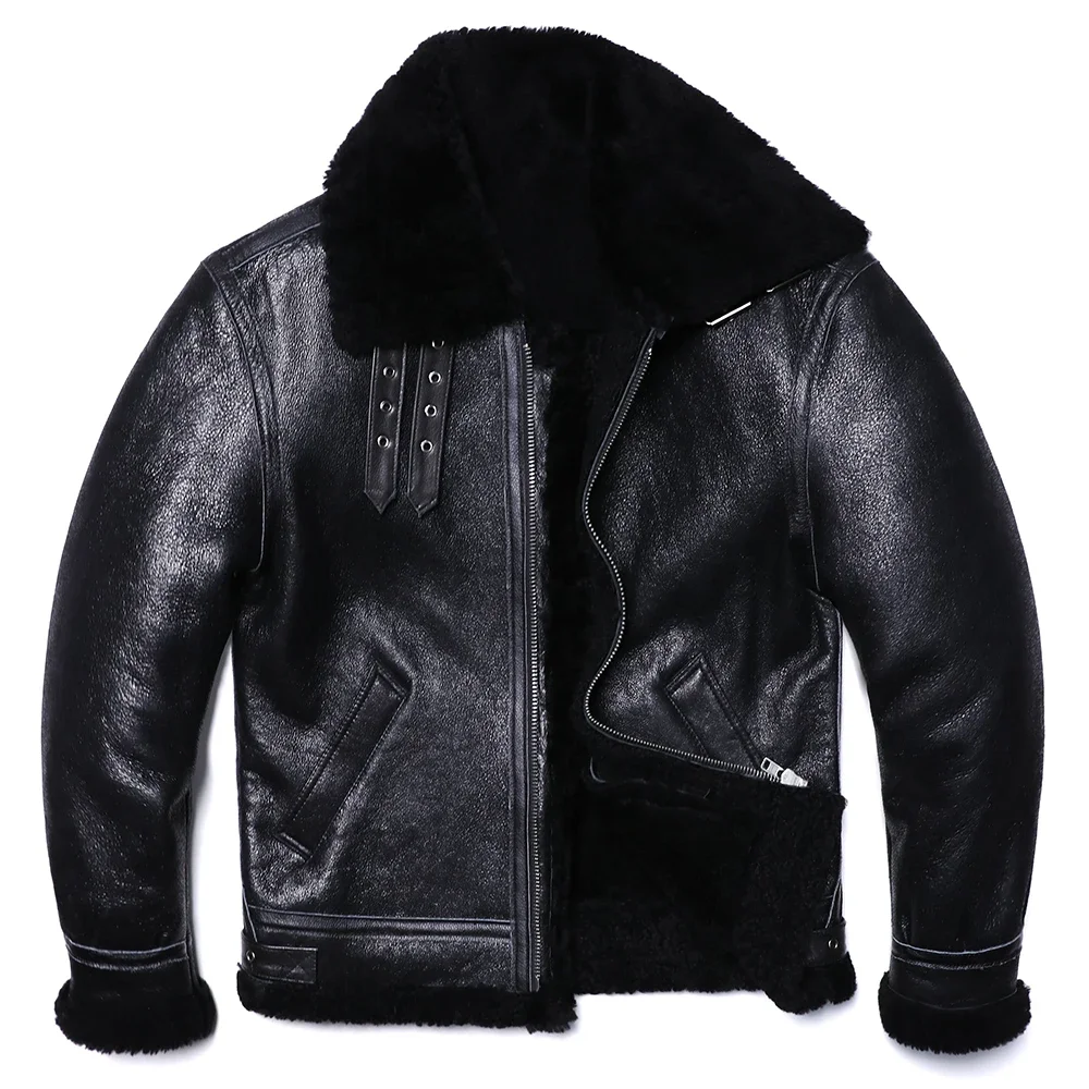 B3 Style Black Thick Sheep Shearling Wool Leather Jacket Original Ecological Fur Genuine Sheepskin Male Warm Coats Flight Jacket