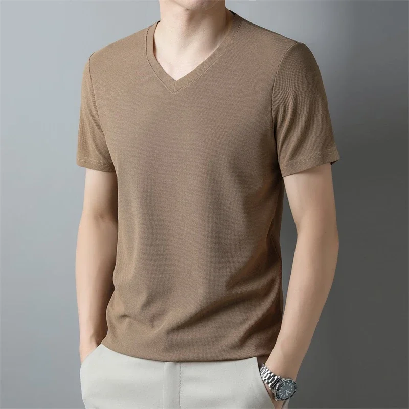 2024 Men's New Waffle V Neck Short Sleeved T-shirt Summer Comfortable Top - Image 3