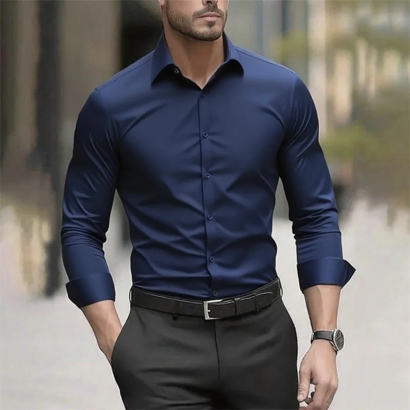 Solid color men's shirt casual white shirt, high quality solid color long sleeve stretch fabric, business formal shirt, XS-6XL - Image 4