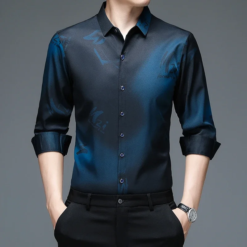 New Men's Casual and Fashionable Long Sleeved Shirt with Printed Anti Wrinkle Business Shirt - Image 2