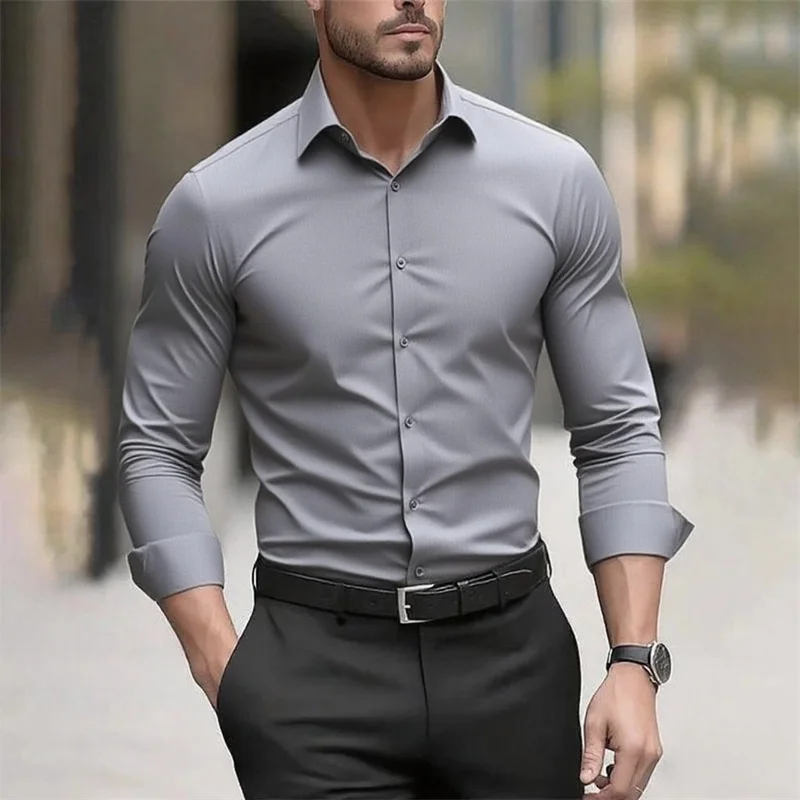 Solid color men's shirt casual white shirt, high quality solid color long sleeve stretch fabric, business formal shirt, XS-6XL - Image 2