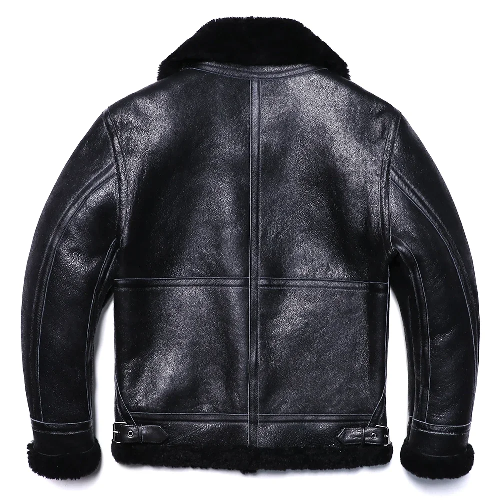 B3 Style Black Thick Sheep Shearling Wool Leather Jacket Original Ecological Fur Genuine Sheepskin Male Warm Coats Flight Jacket - Image 4
