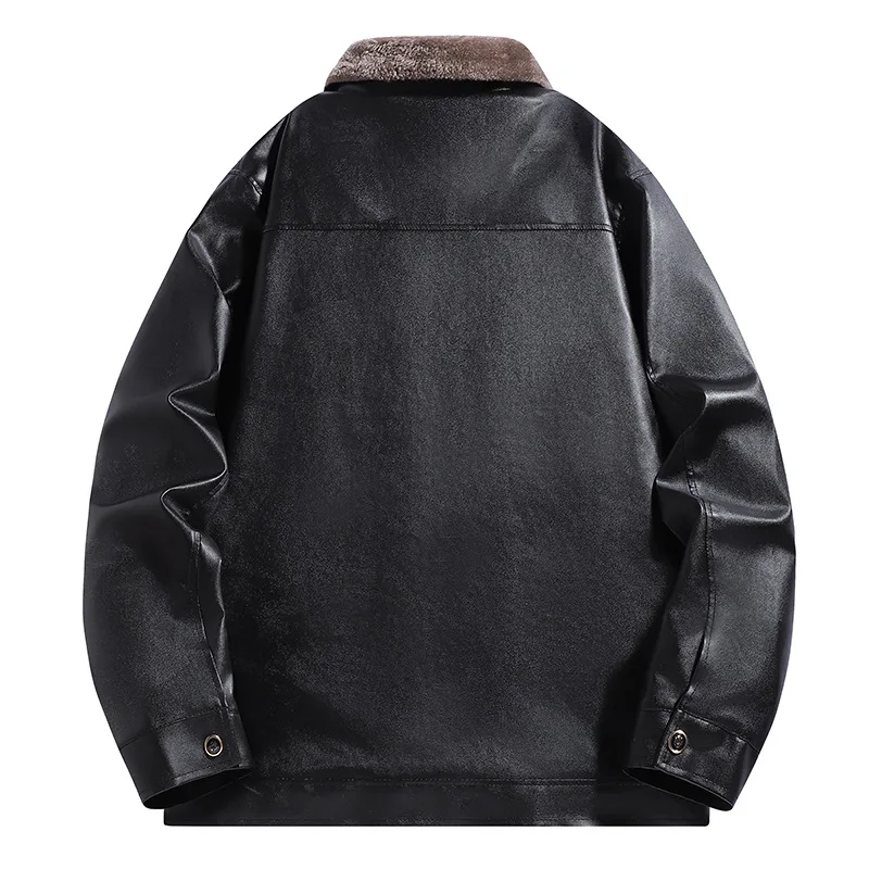 Autumn Winter Men Leather Jacket Vintage Thicken Fleece Turn Down Collar Male Coat Long Sleeve Business Casual Male Outerwear - Image 5