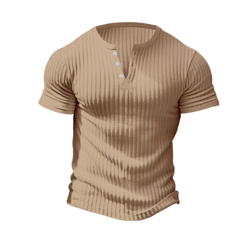 Mens Stylish Stripe Knit T-shirt -Fashionable Henley Neck, Short Sleeves, Soft & Breathable - Perfect Comfy Tops for Leisurewear - Image 2