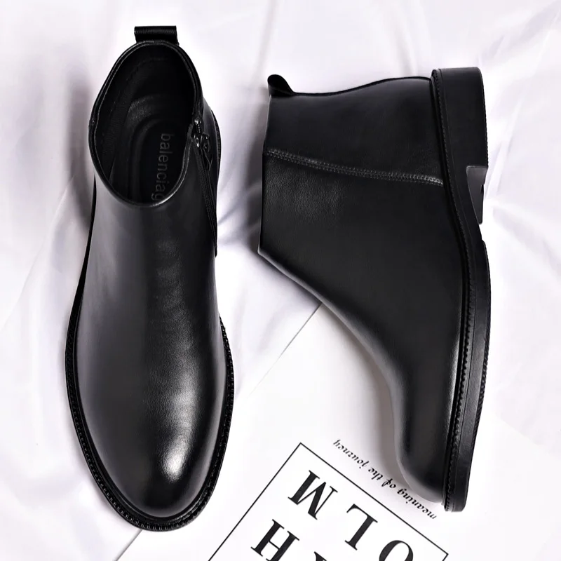 Hot-selling Winter Men's Ankle Boots Non Slip PU Leather High Top Shoes British Zip Black Boots Pointed Punk Male Booties Botas