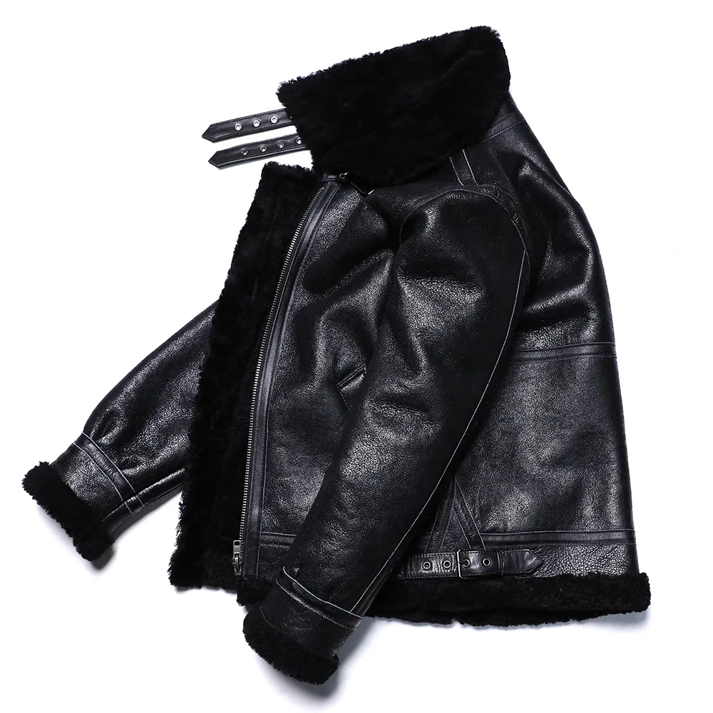 B3 Style Black Thick Sheep Shearling Wool Leather Jacket Original Ecological Fur Genuine Sheepskin Male Warm Coats Flight Jacket - Image 3