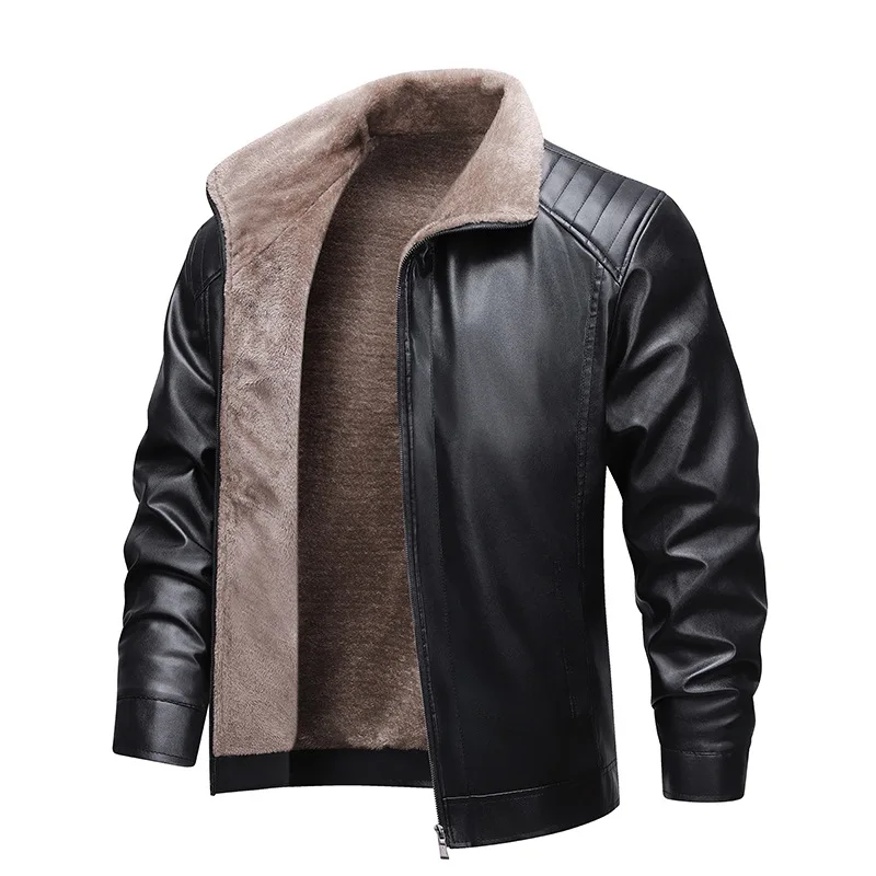 Autumn Winter Men Leather Jacket Vintage Thicken Fleece Turn Down Collar Male Coat Long Sleeve Business Casual Male Outerwear - Image 2