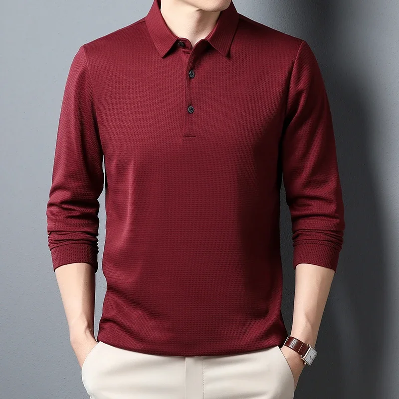 New Men's Business Fashion Casual Long Sleeved Shirt Solid Color Polo Shirt Fashionable Breathable Comfortable Versatile Top - Image 5