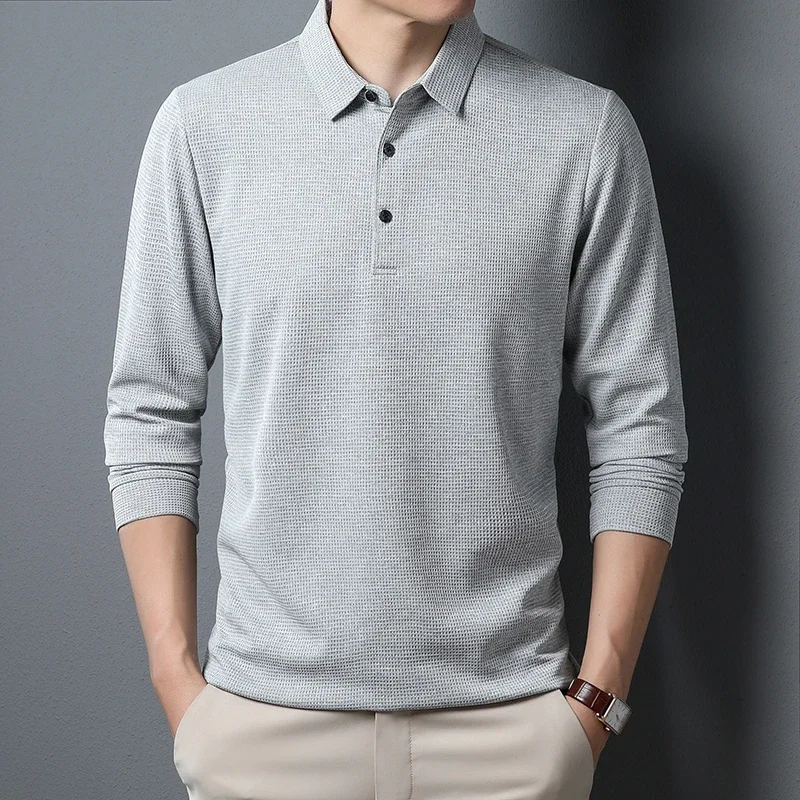 New Men's Business Fashion Casual Long Sleeved Shirt Solid Color Polo Shirt Fashionable Breathable Comfortable Versatile Top - Image 2