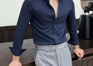 High-quality autumn men's new long-sleeve dark striped slim-fit shirt business casual formal workwear M-4XL