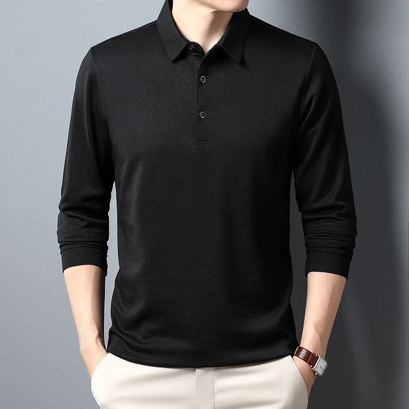 New Men's Business Fashion Casual Long Sleeved Shirt Solid Color Polo Shirt Fashionable Breathable Comfortable Versatile Top - Image 3