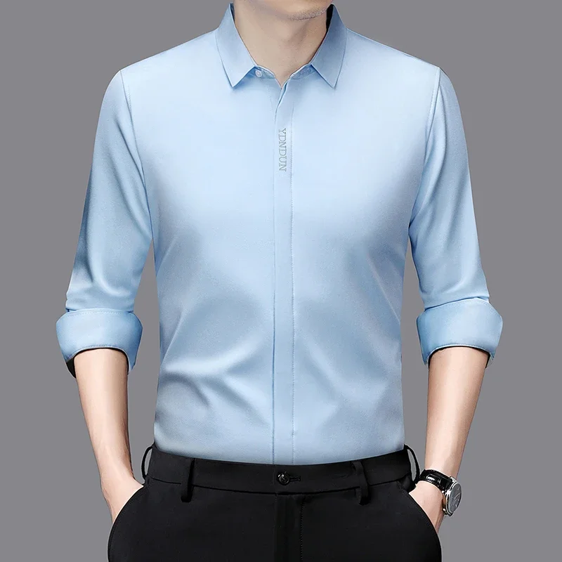 New Men's Business Casual Long Sleeved Solid Color Shirt Wrinkle Resistant Wrinkle Free Comfortable All Season Versatile Top - Image 4